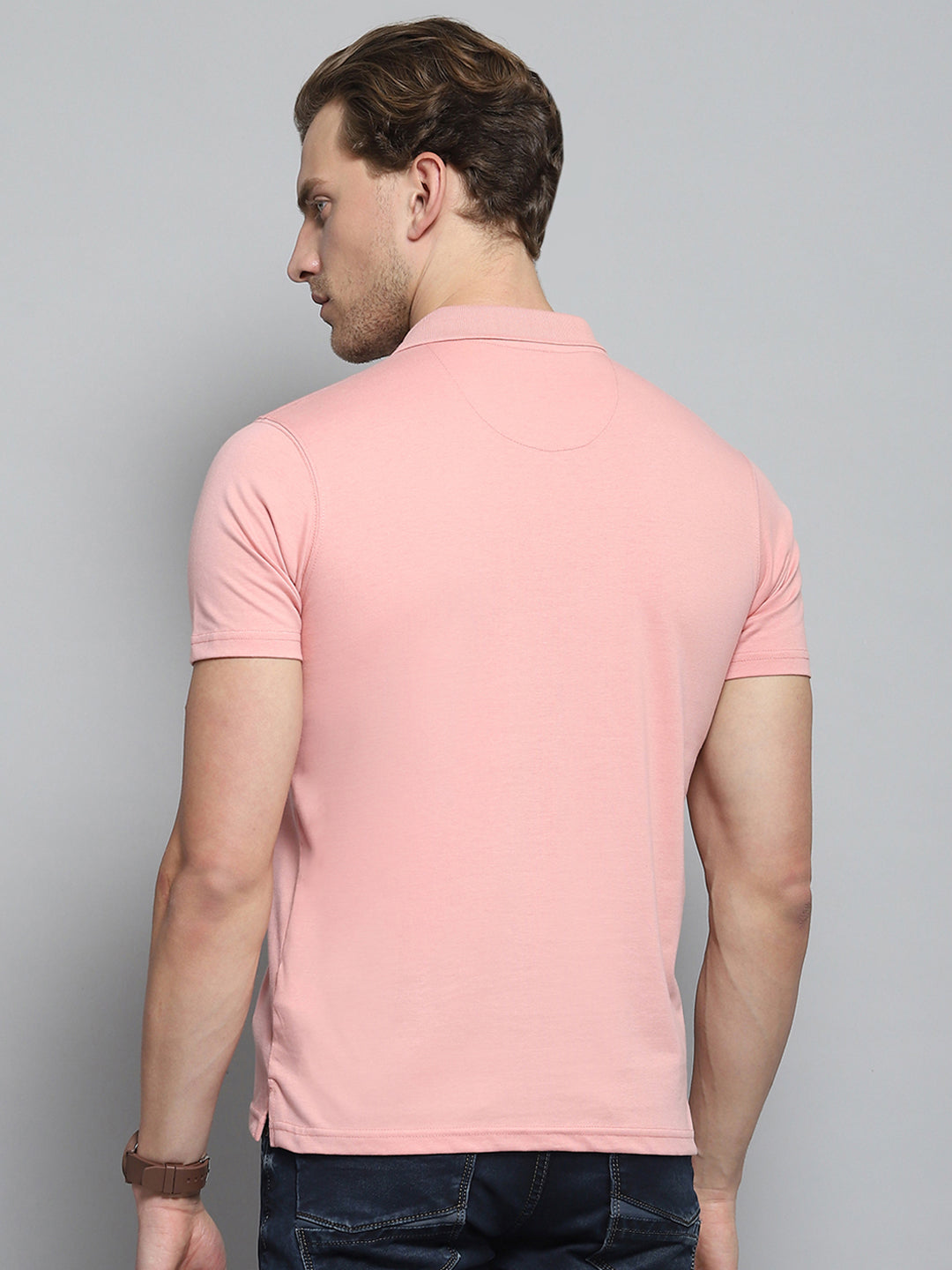 Men Pink Solid Collar Half Sleeve T-Shirt