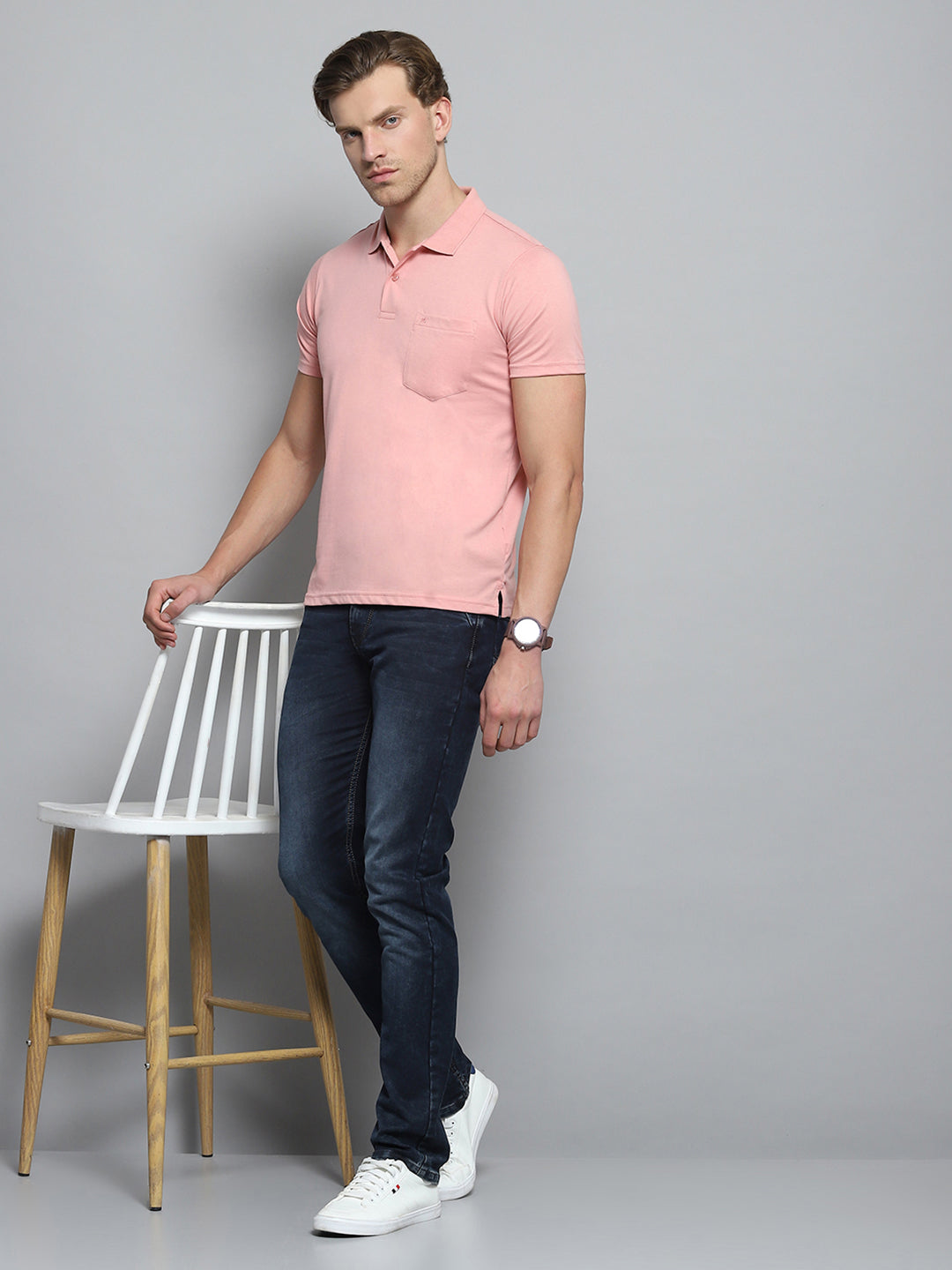 Men Pink Solid Collar Half Sleeve T-Shirt