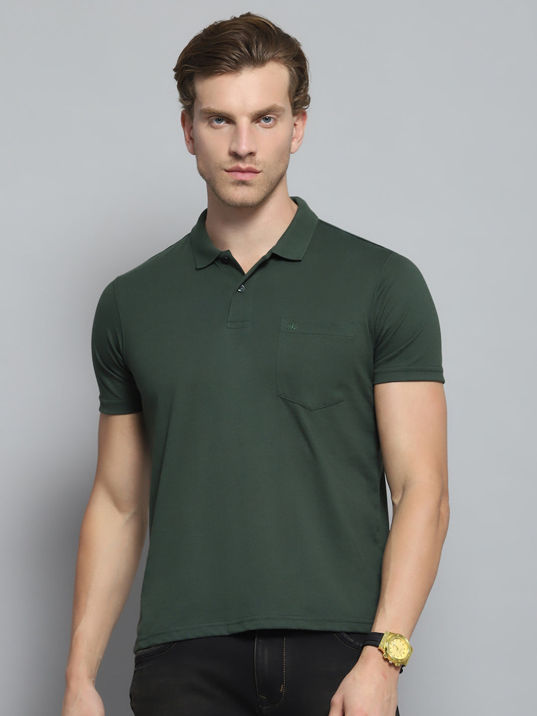 Men Green Solid Collar Half Sleeve T-Shirt