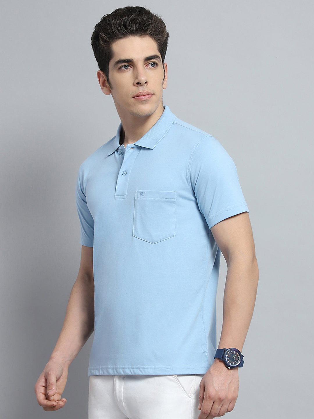 Men Sky Blue Solid Collar Half Sleeve T-Shirt