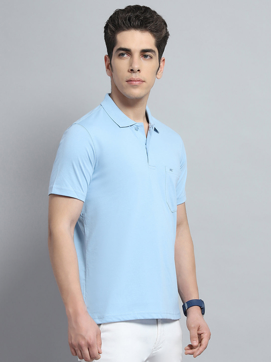 Men Sky Blue Solid Collar Half Sleeve T-Shirt