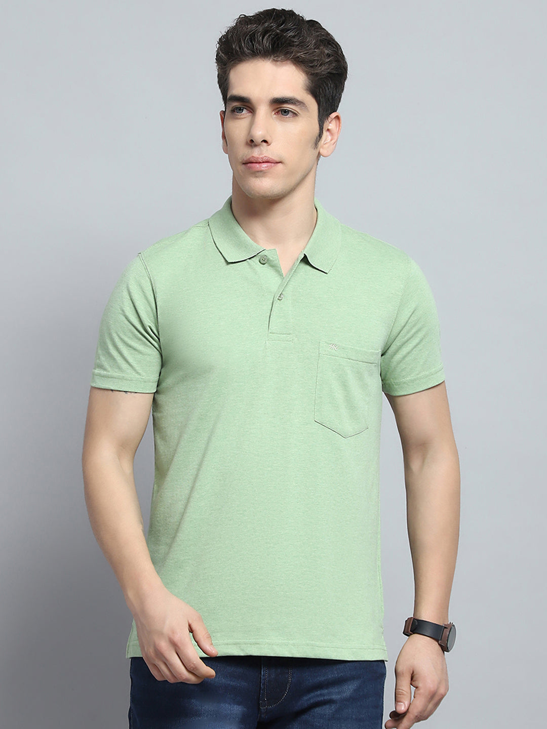 Men Green Solid Collar Half Sleeve T-Shirt
