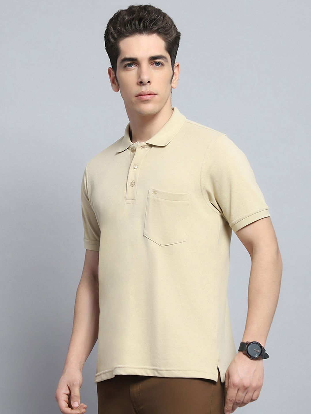 Men Beige Solid Collar Half Sleeve T-Shirt