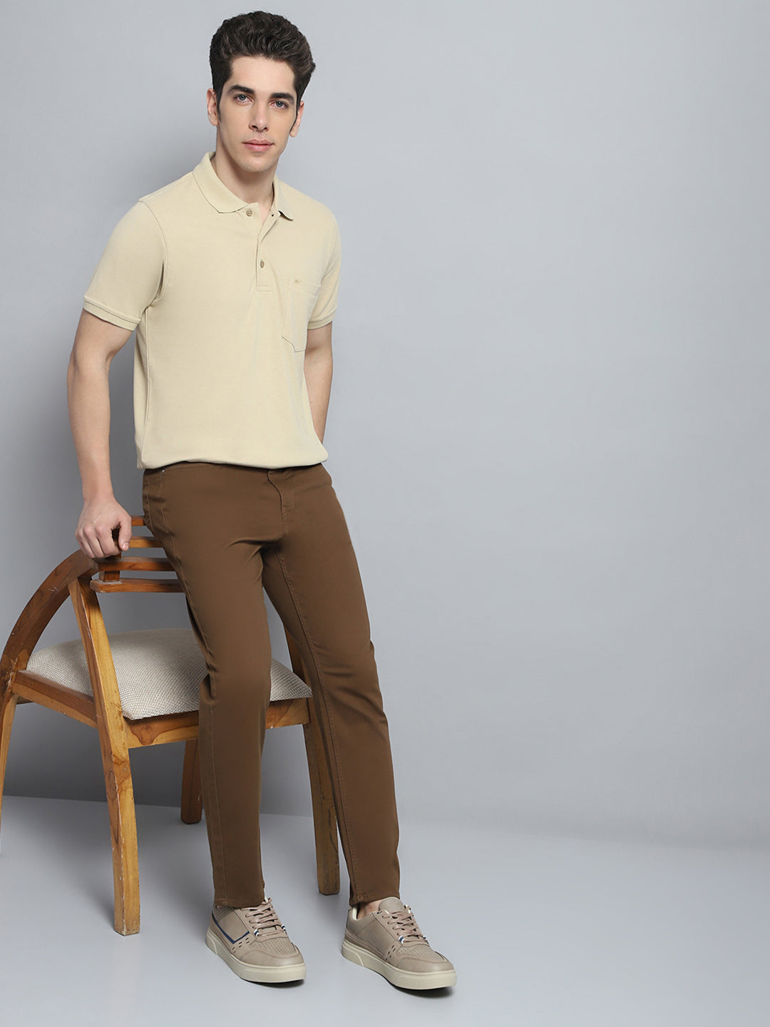 Men Beige Solid Collar Half Sleeve T-Shirt