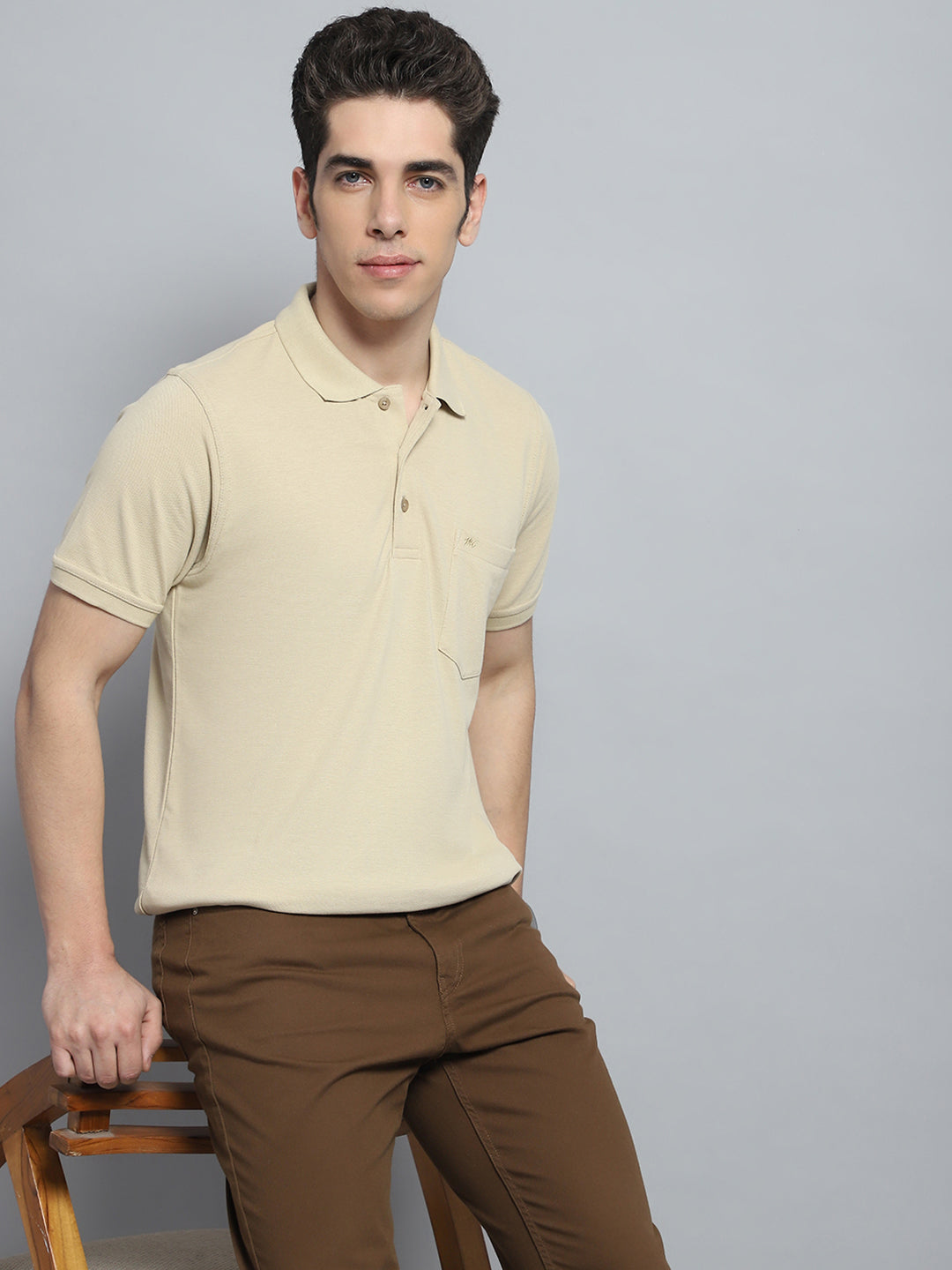Men Beige Solid Collar Half Sleeve T-Shirt