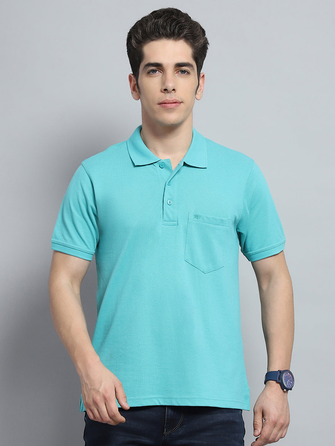 Men Green Solid Collar Half Sleeve T-Shirt