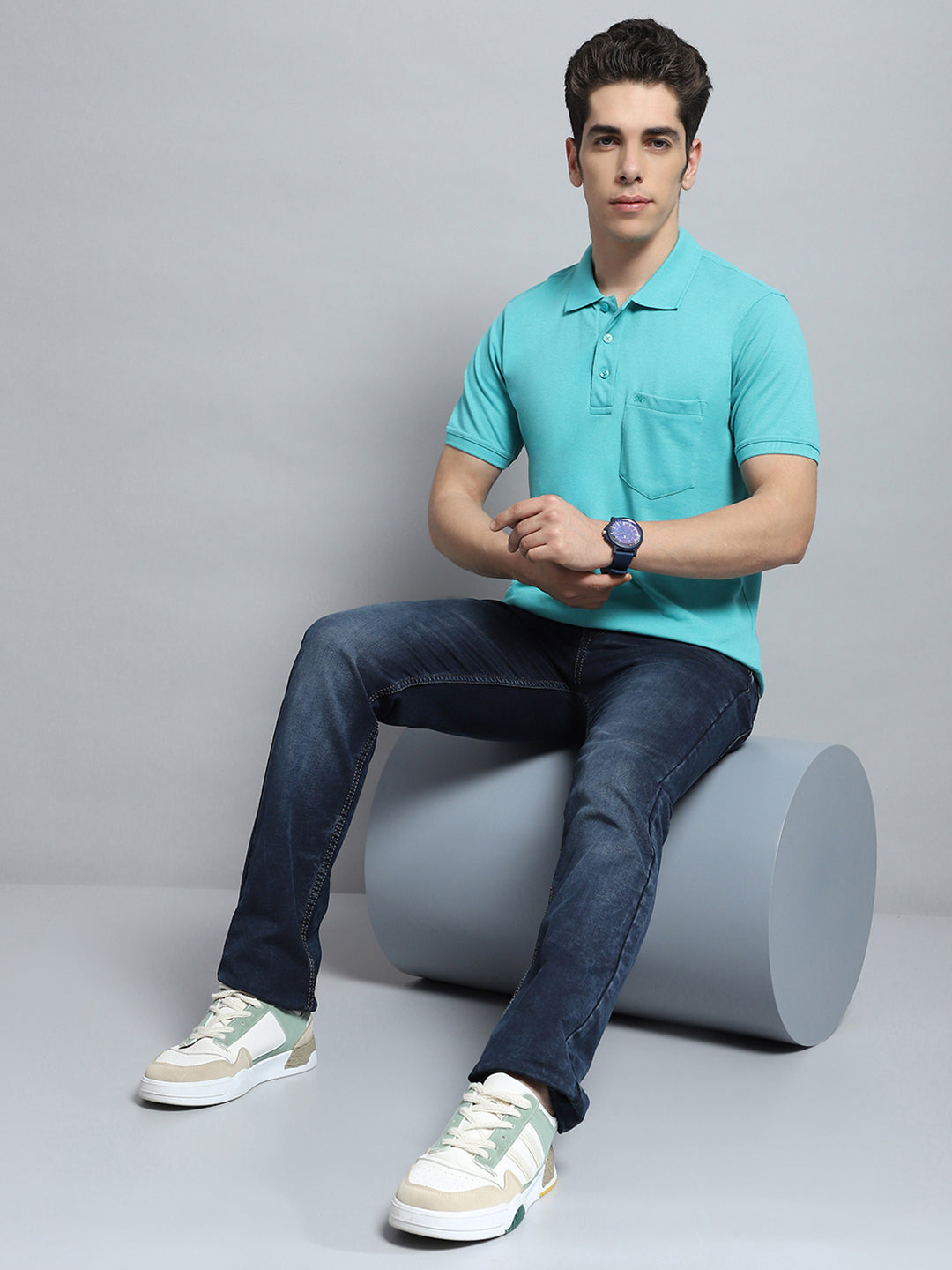 Men Green Solid Collar Half Sleeve T-Shirt