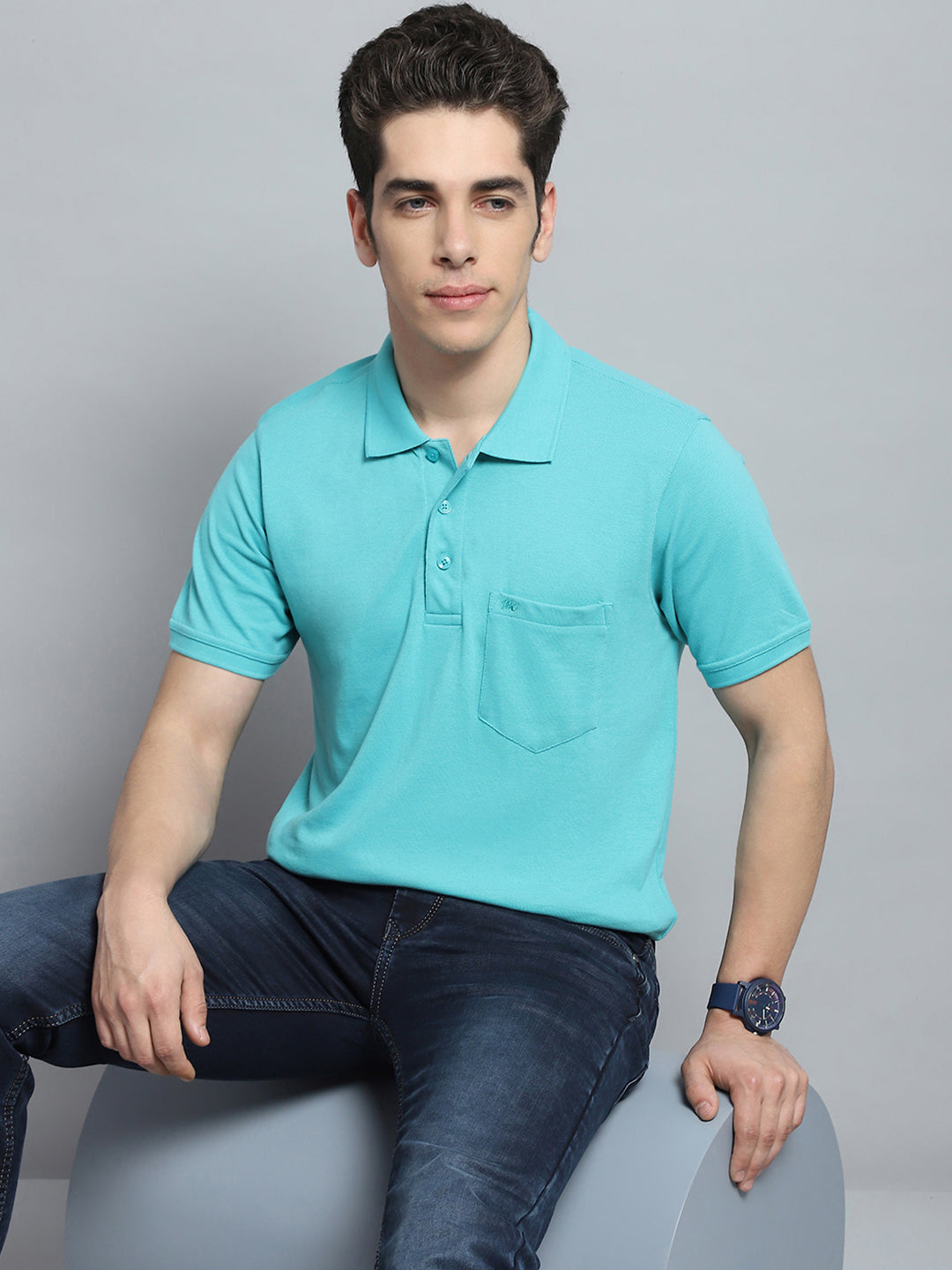 Men Green Solid Collar Half Sleeve T-Shirt
