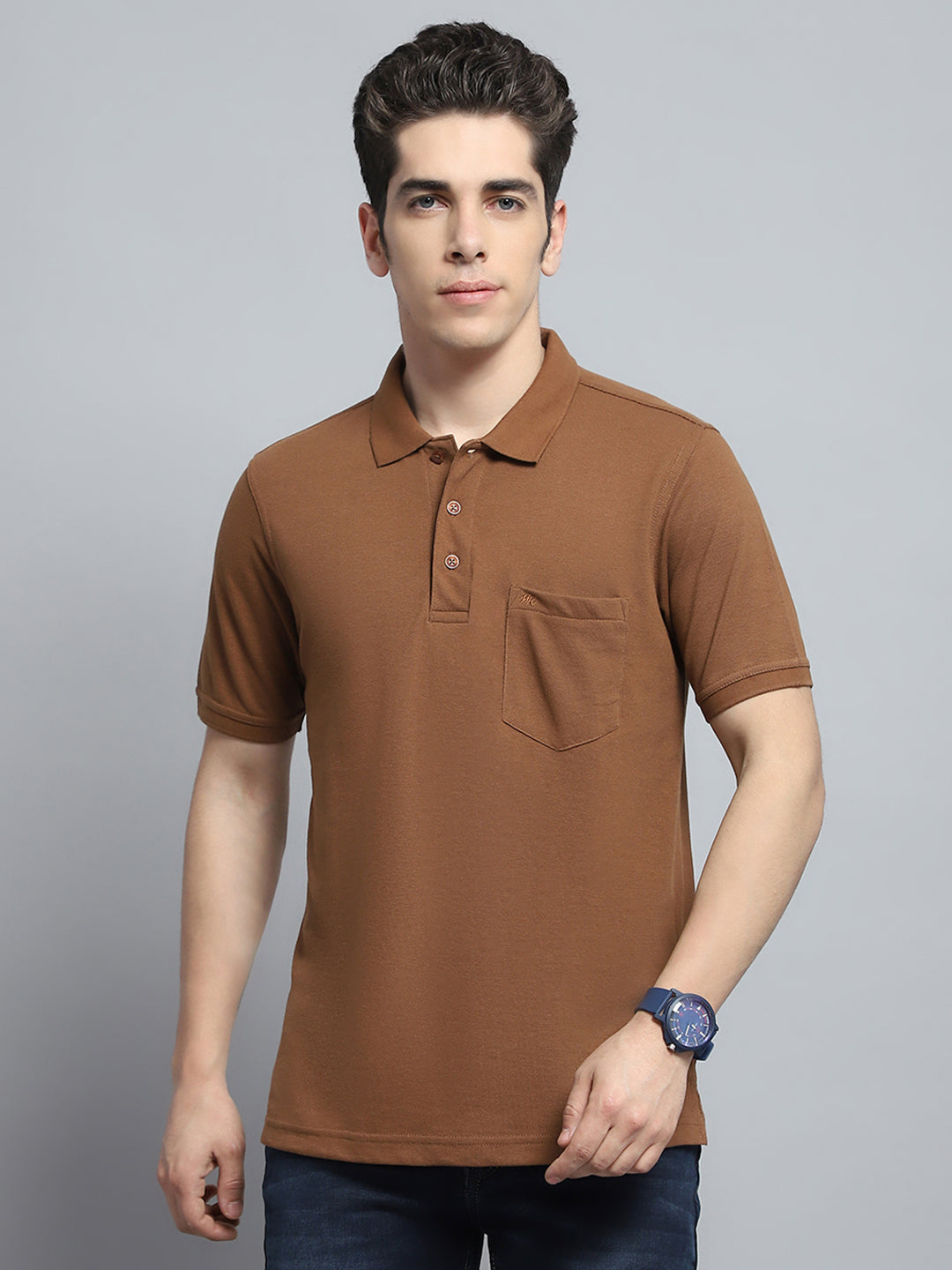 Men Brown Solid Collar Half Sleeve T-Shirt