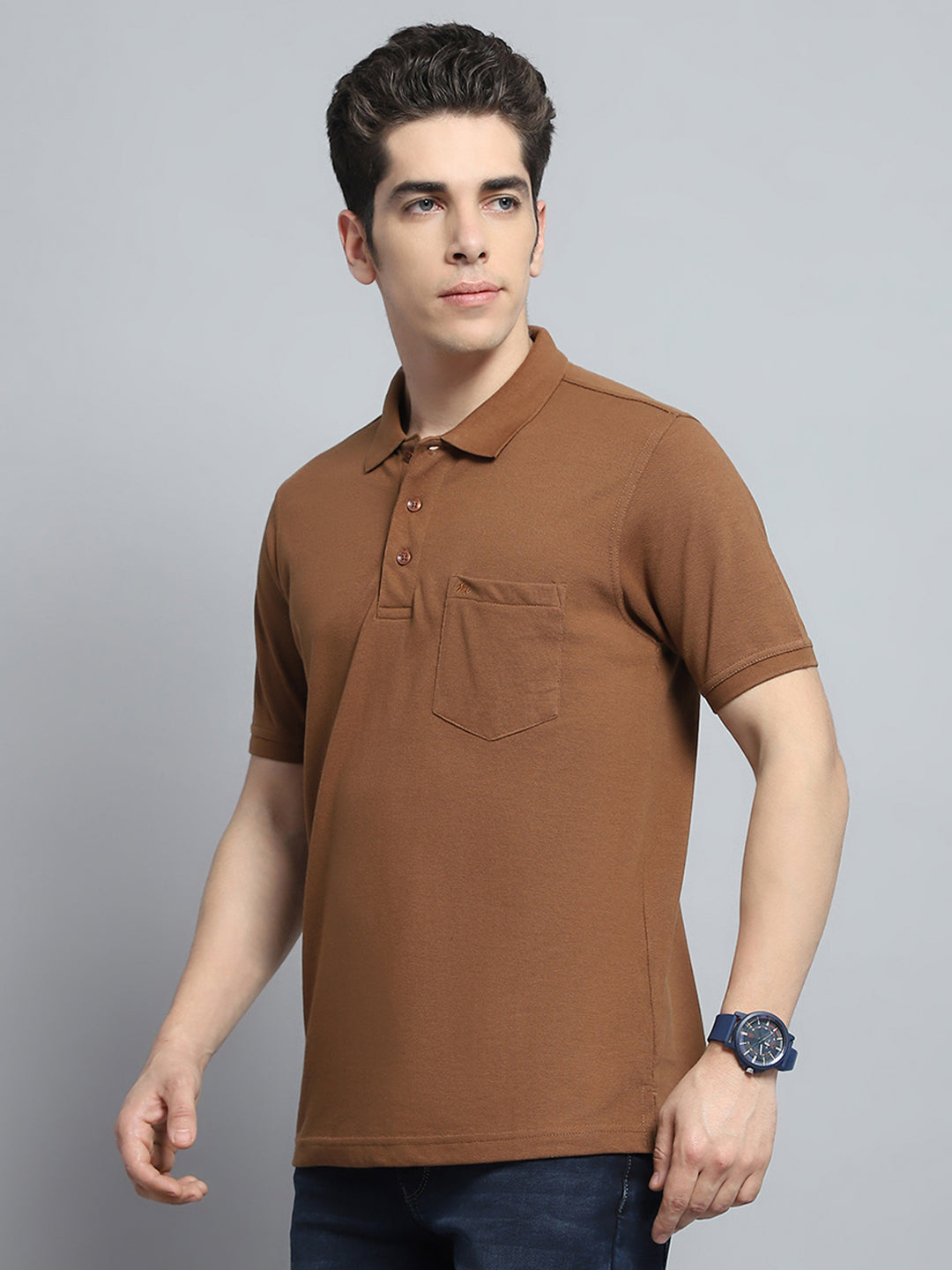 Men Brown Solid Collar Half Sleeve T-Shirt