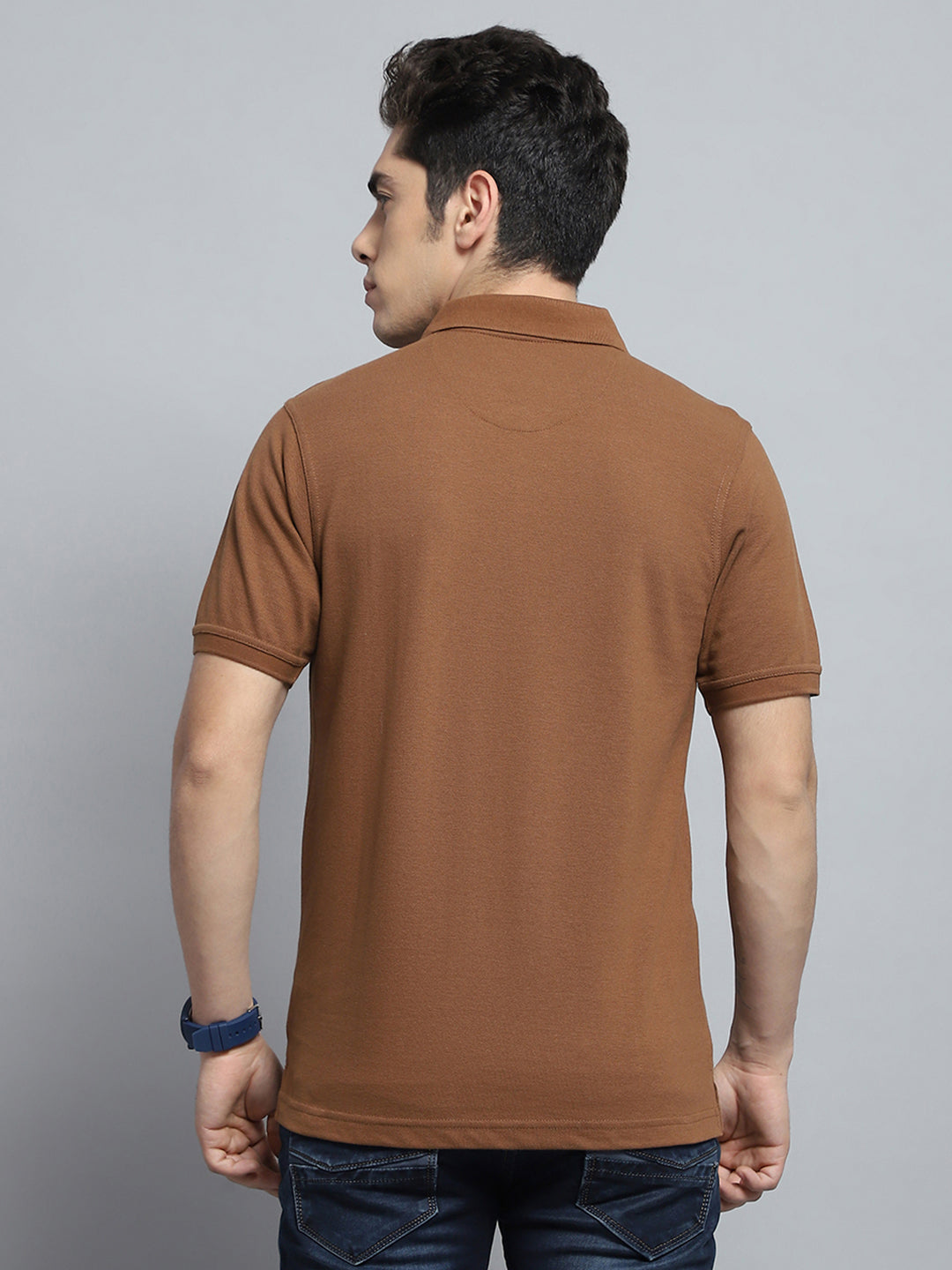 Men Brown Solid Collar Half Sleeve T-Shirt