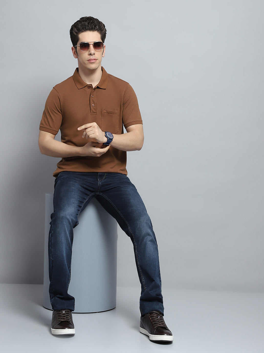 Men Brown Solid Collar Half Sleeve T-Shirt
