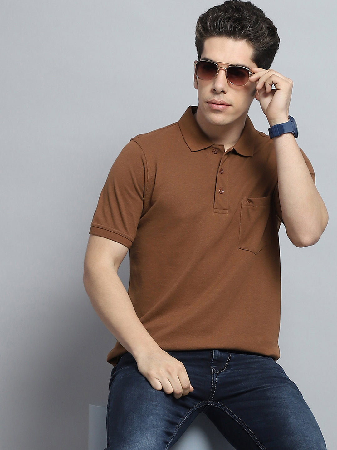 Men Brown Solid Collar Half Sleeve T-Shirt