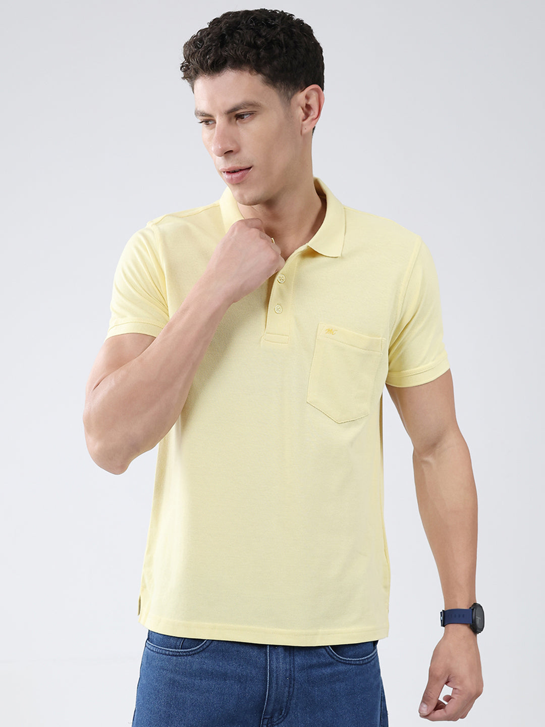 Men Yellow Solid Collar Half Sleeve T-Shirt