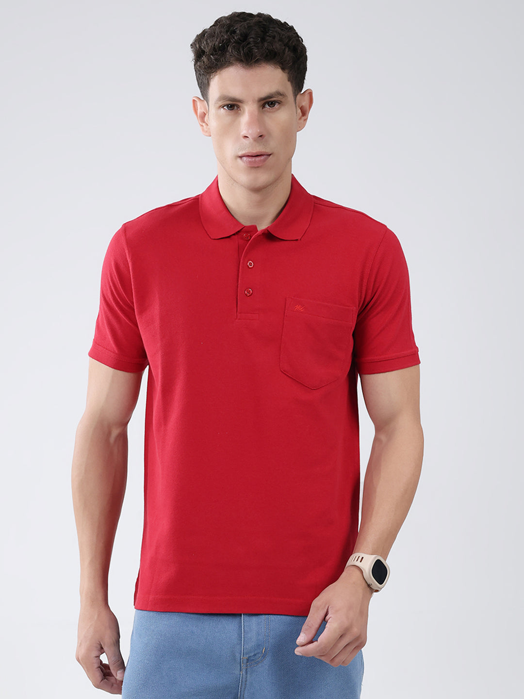 Men Red Solid Collar Half Sleeve T-Shirt