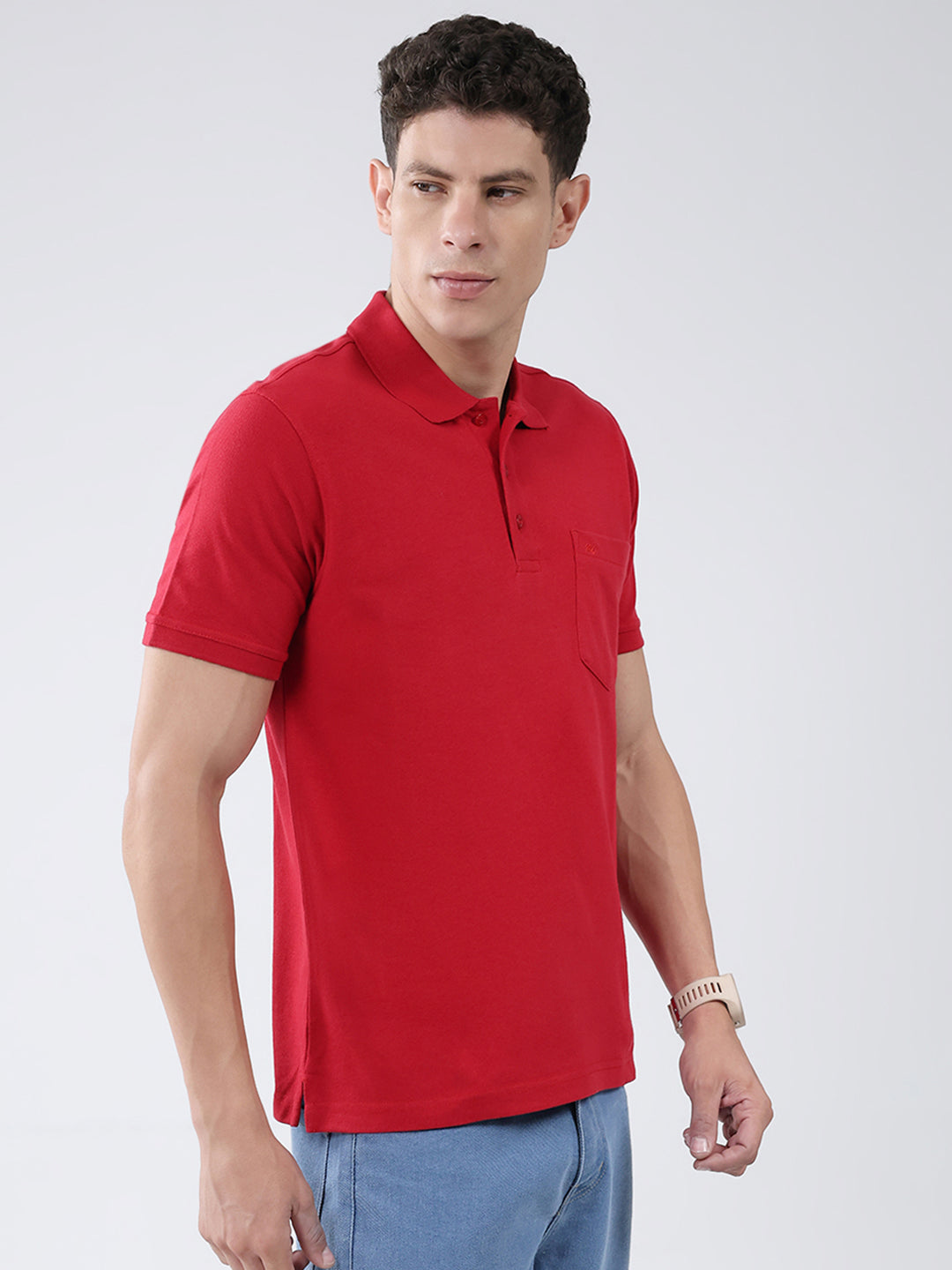 Men Red Solid Collar Half Sleeve T-Shirt