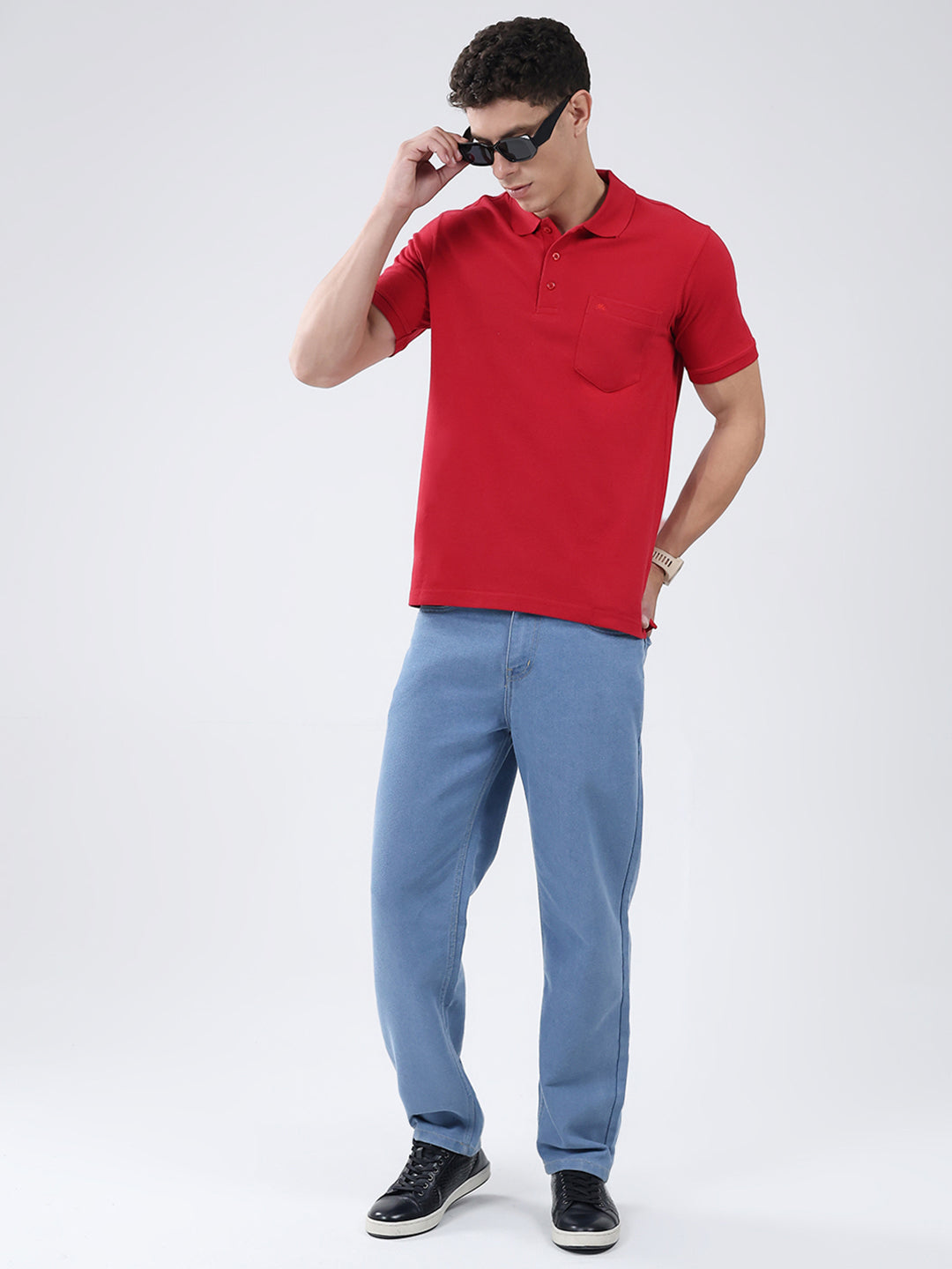 Men Red Solid Collar Half Sleeve T-Shirt