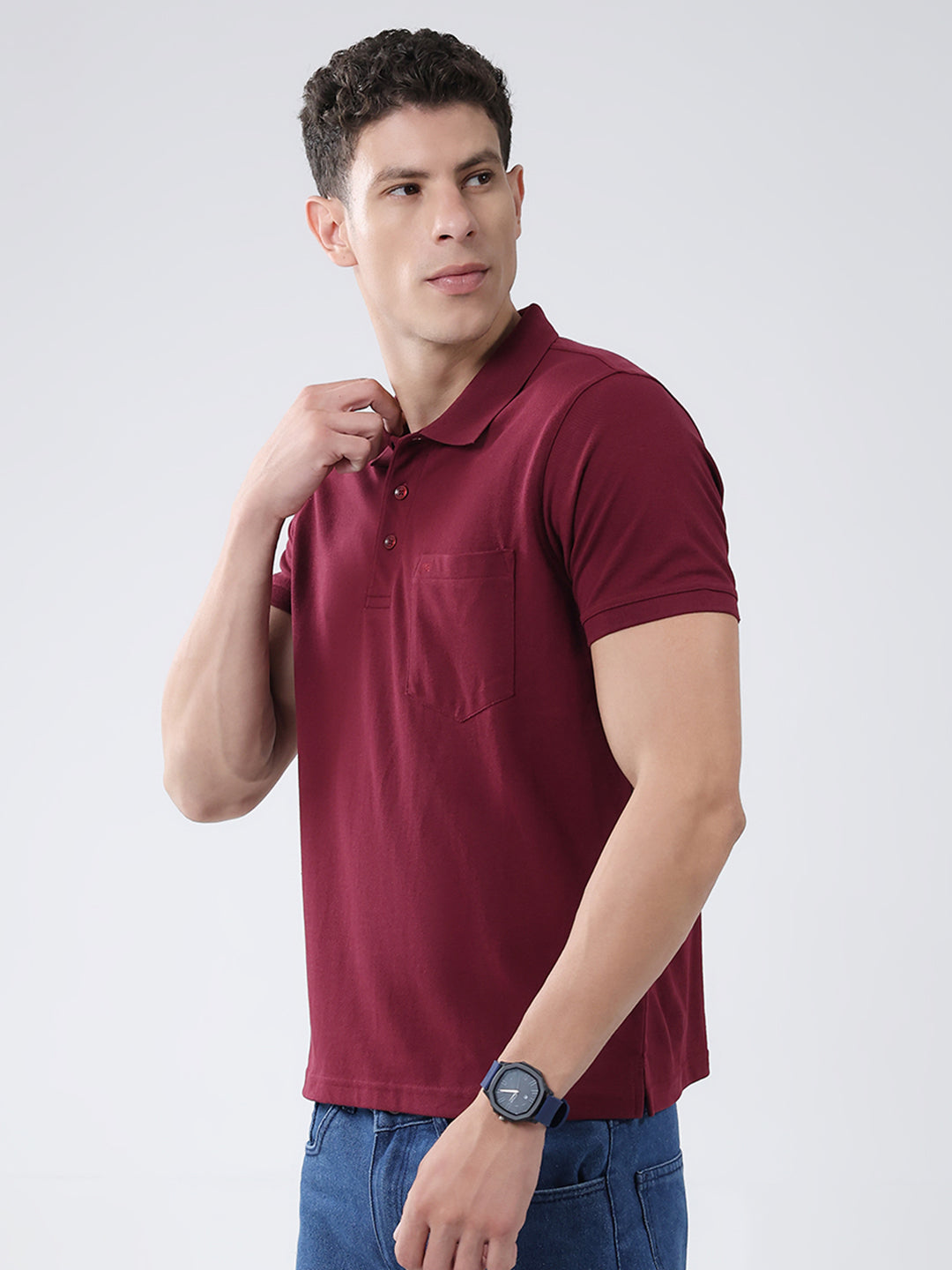 Men Maroon Solid Collar Half Sleeve T-Shirt