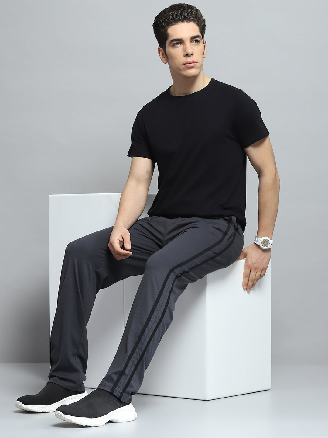 Men Charcoal Solid Regular Fit Lower