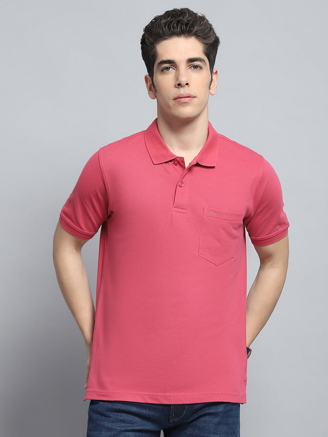 Men Pink Solid Collar Half Sleeve T-Shirt