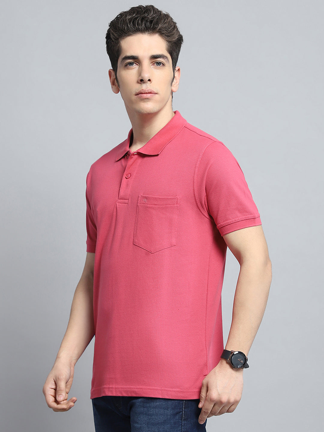 Men Pink Solid Collar Half Sleeve T-Shirt
