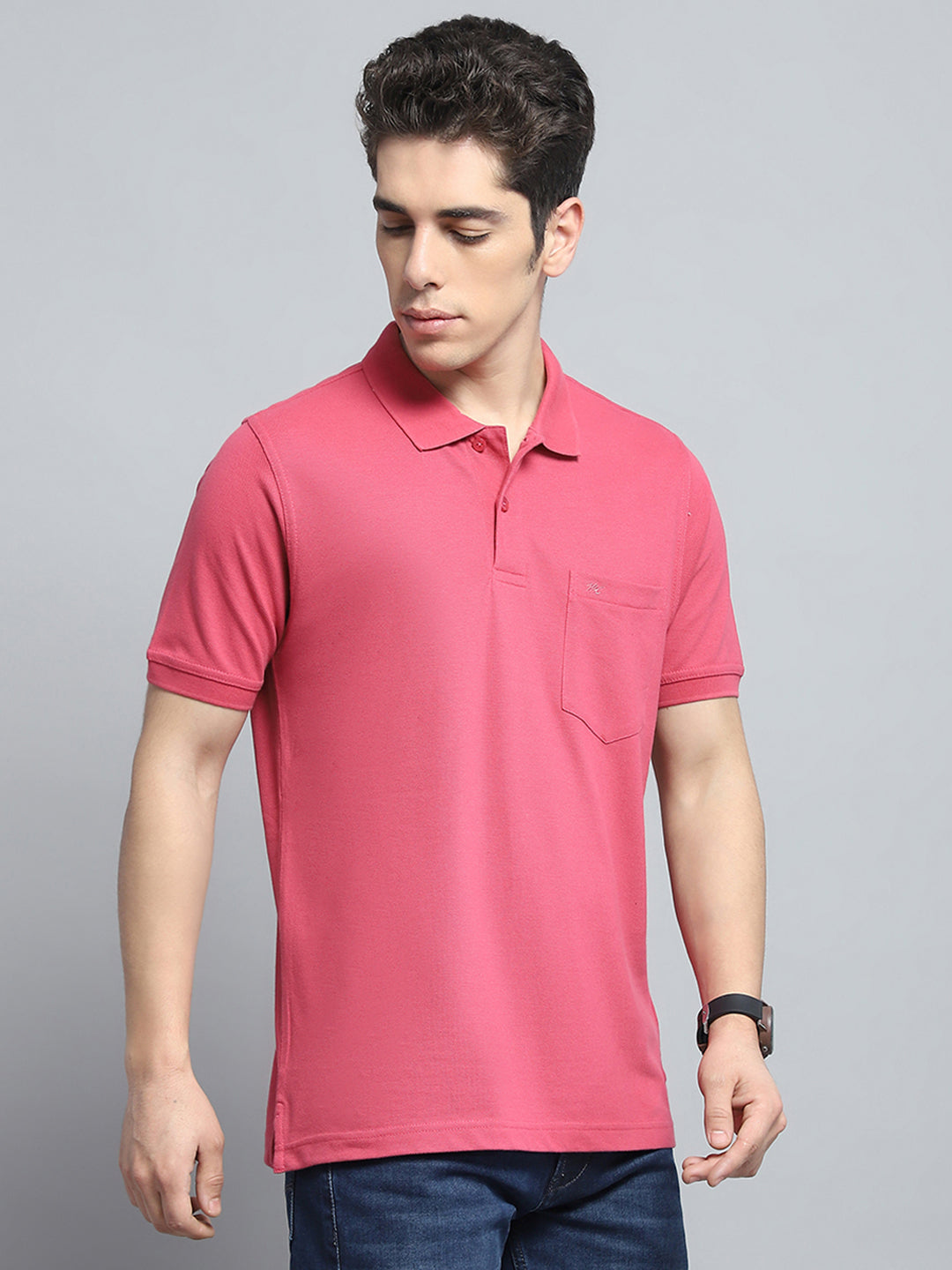 Men Pink Solid Collar Half Sleeve T-Shirt
