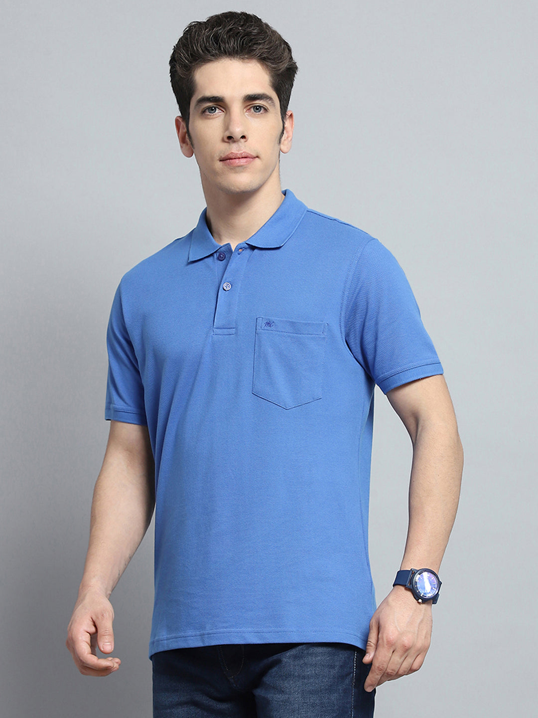 Men Blue Solid Collar Half Sleeve T-Shirt