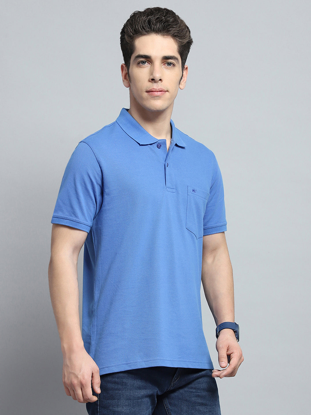 Men Blue Solid Collar Half Sleeve T-Shirt