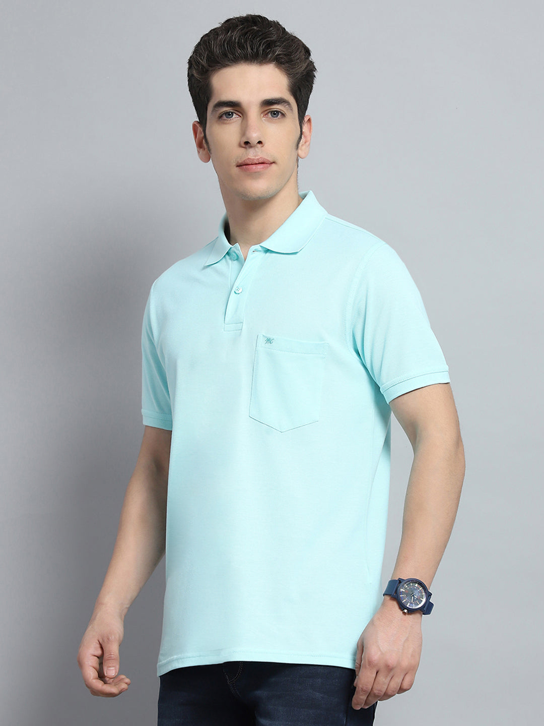 Men Blue Solid Collar Half Sleeve T-Shirt