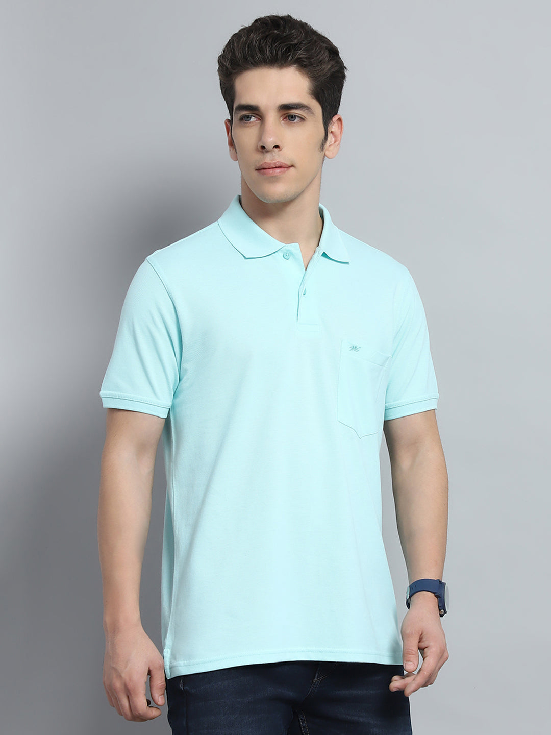 Men Blue Solid Collar Half Sleeve T-Shirt