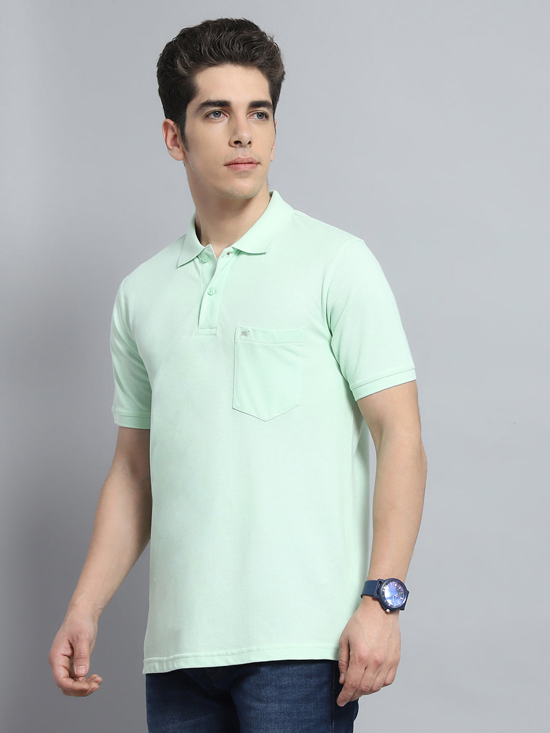 Men Green Solid Collar Half Sleeve T-Shirt