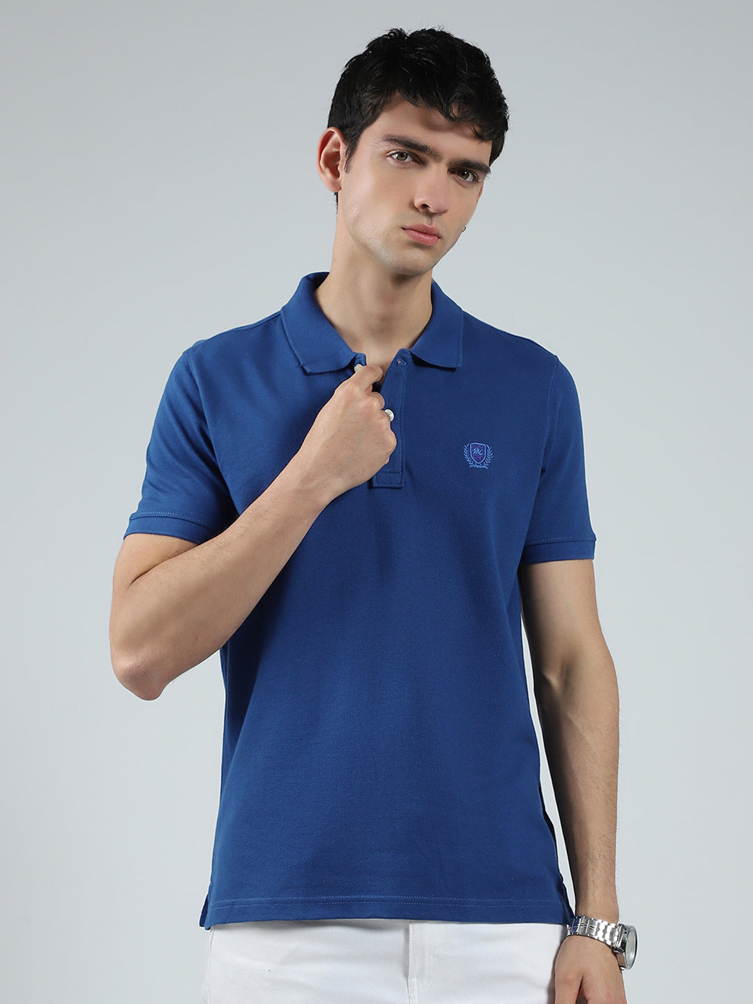 Men Blue Solid Collar Half Sleeve T-Shirt