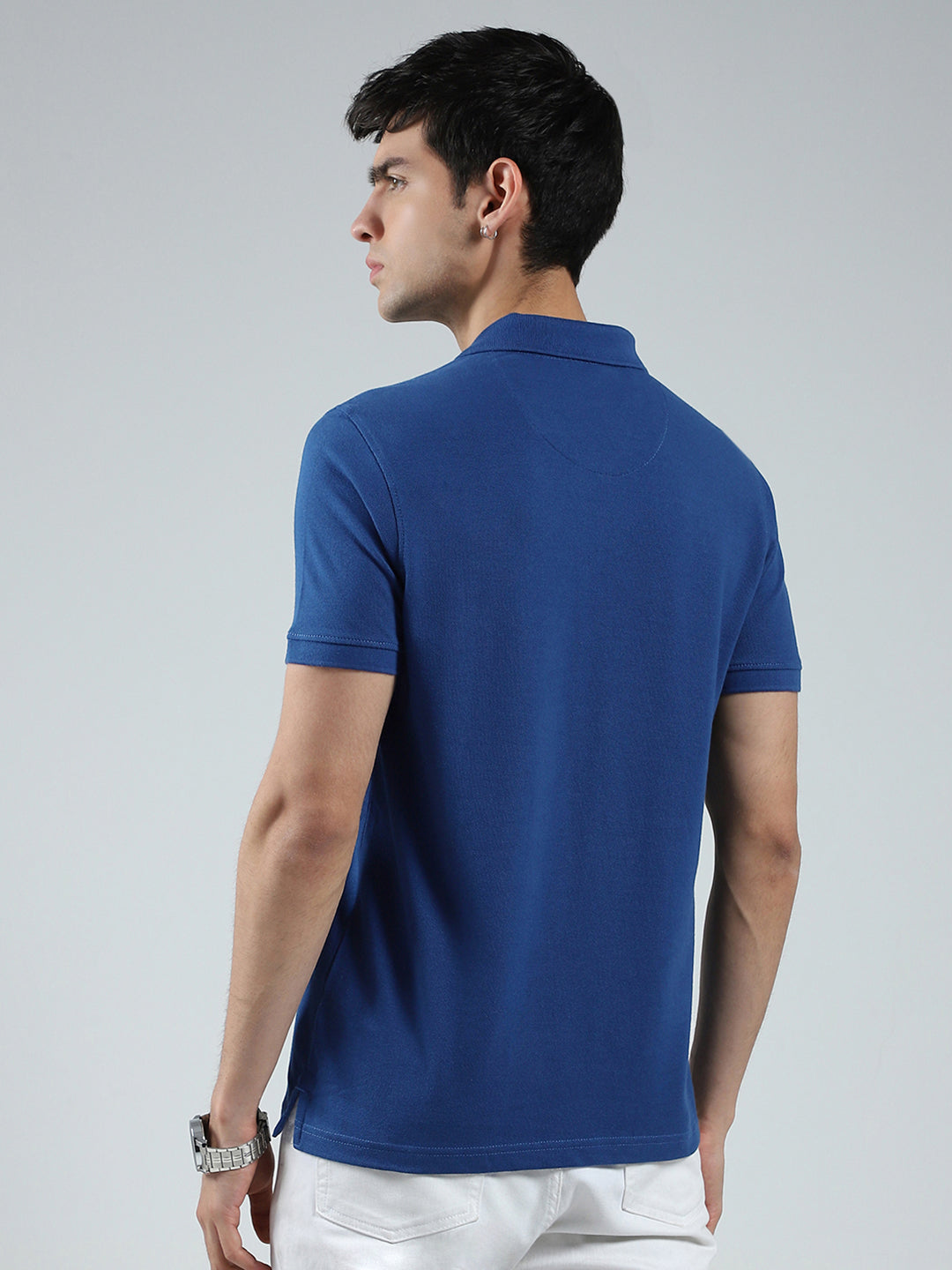 Men Blue Solid Collar Half Sleeve T-Shirt