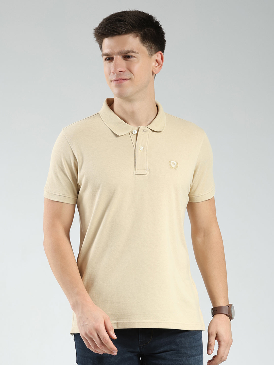 Men Camel Brown Solid Collar Half Sleeve T-Shirt