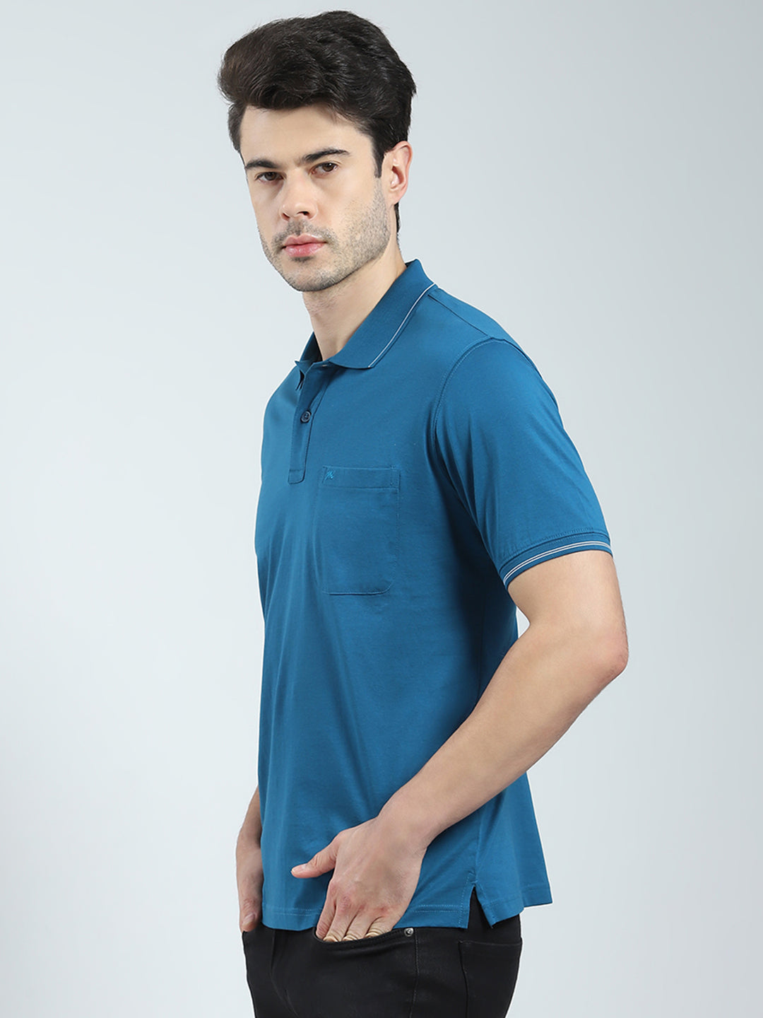 Men Teal Blue Solid Collar Half Sleeve T-Shirt