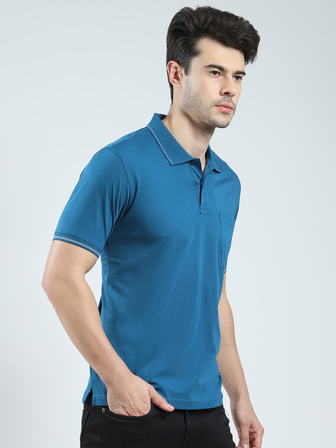 Men Teal Blue Solid Collar Half Sleeve T-Shirt
