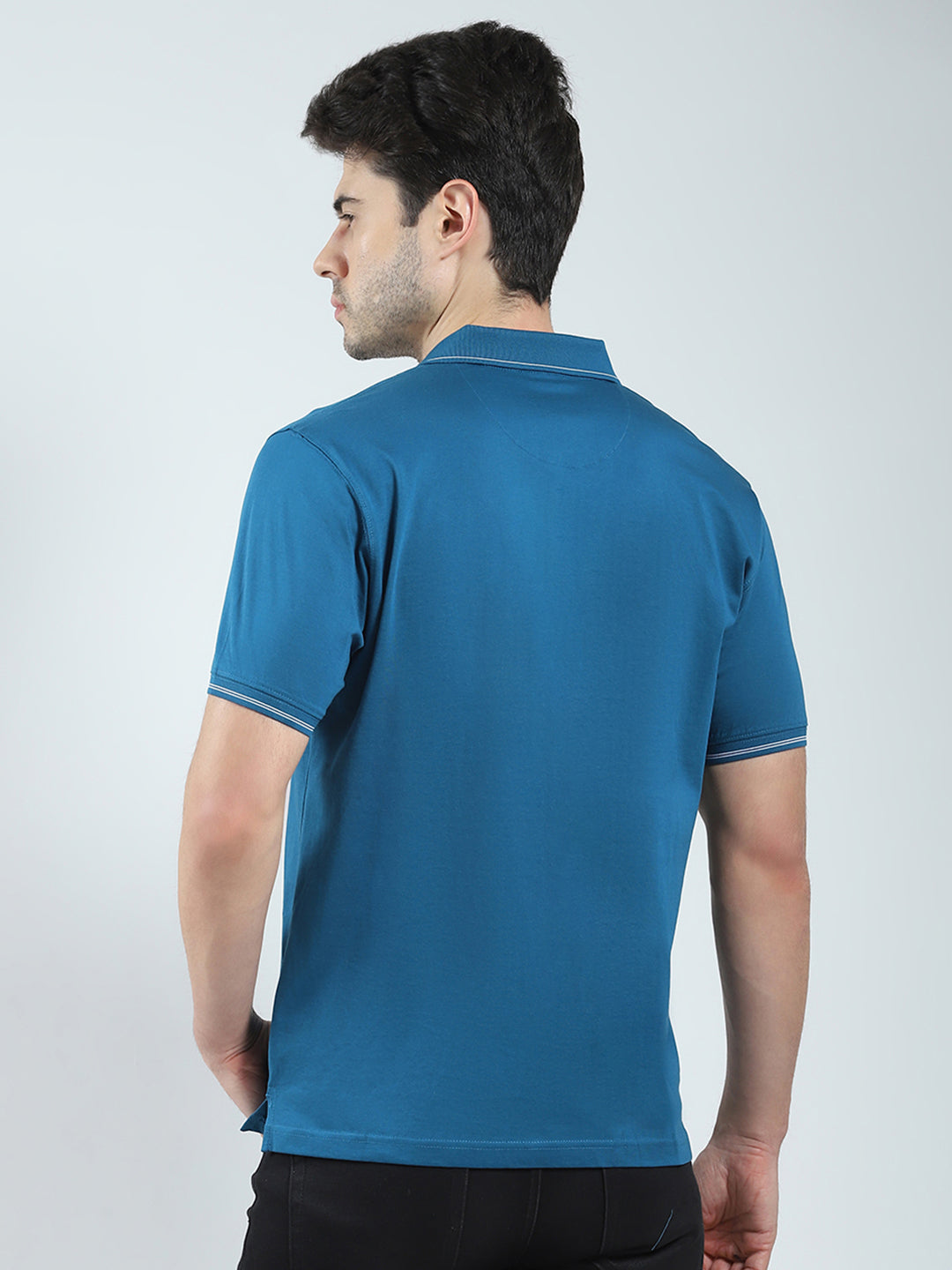 Men Teal Blue Solid Collar Half Sleeve T-Shirt