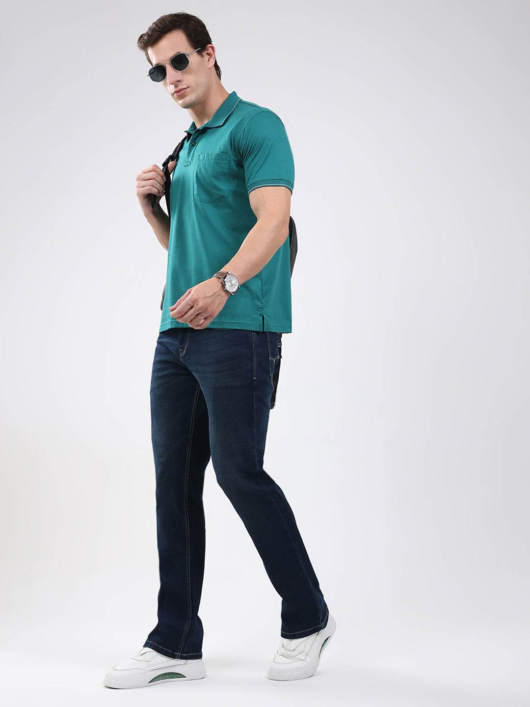 Men Green Solid Collar Half Sleeve T-Shirt