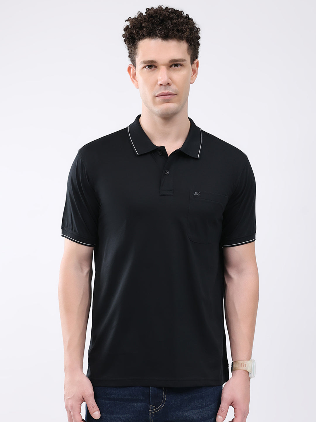 Men Black Solid Collar Half Sleeve T-Shirt