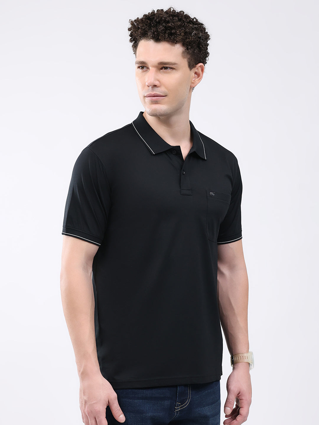 Men Black Solid Collar Half Sleeve T-Shirt
