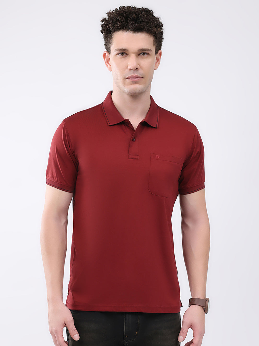 Men Maroon Solid Collar Half Sleeve T-Shirt