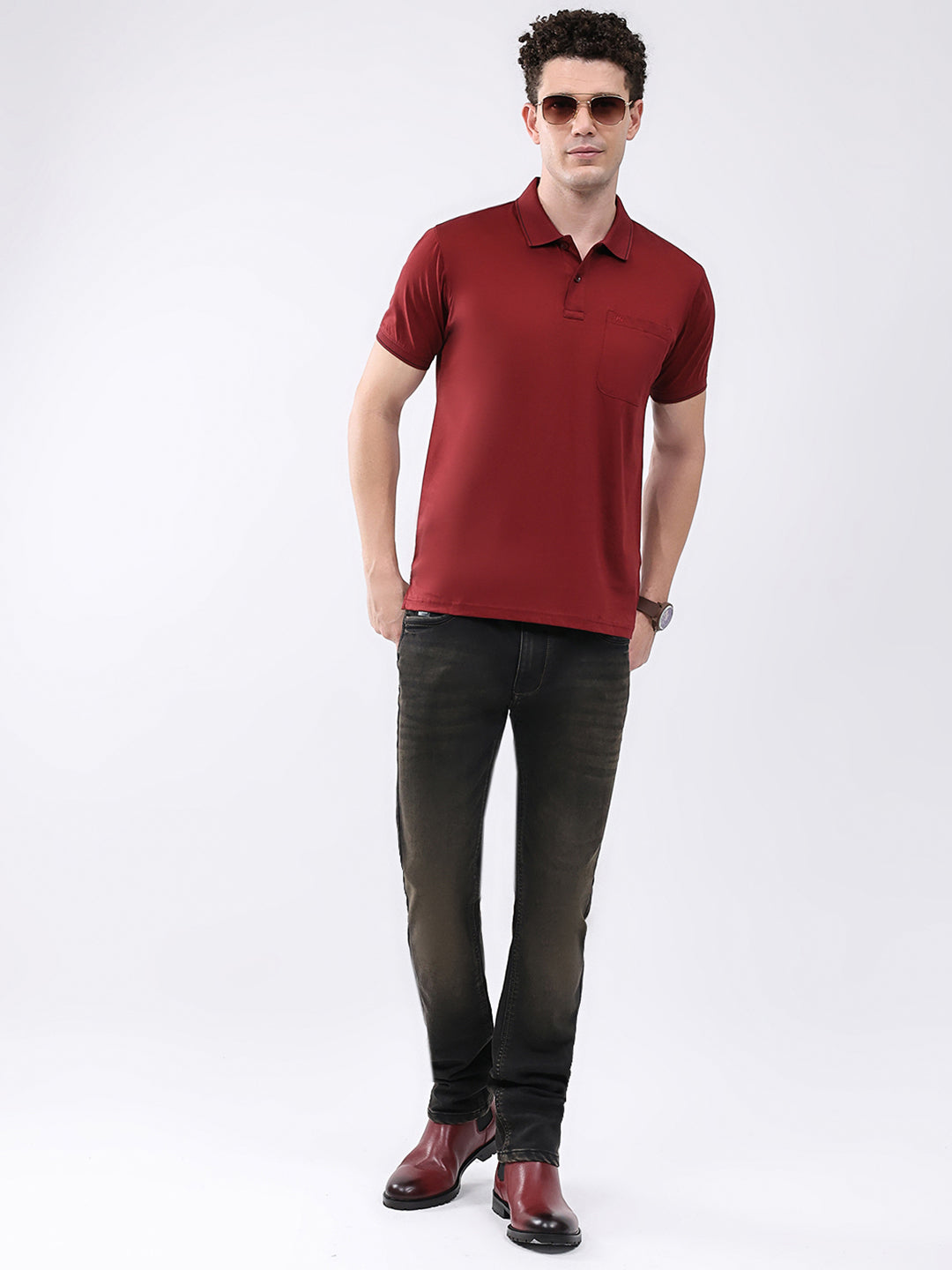 Men Maroon Solid Collar Half Sleeve T-Shirt