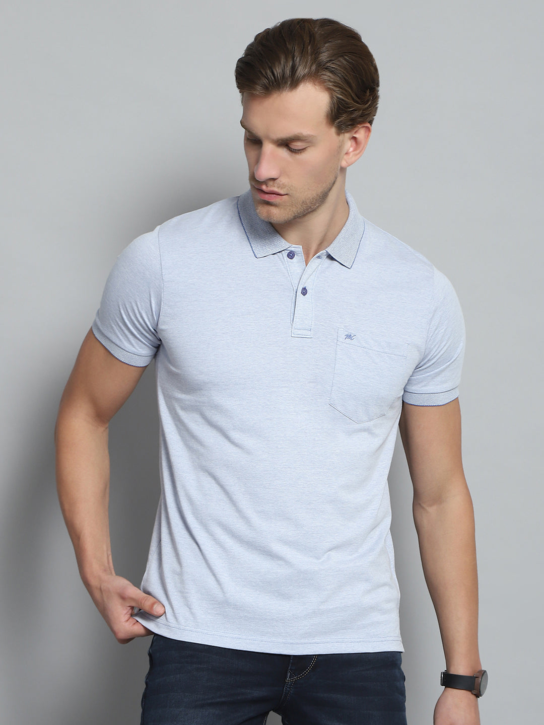 Men Blue Solid Collar Half Sleeve T-Shirt