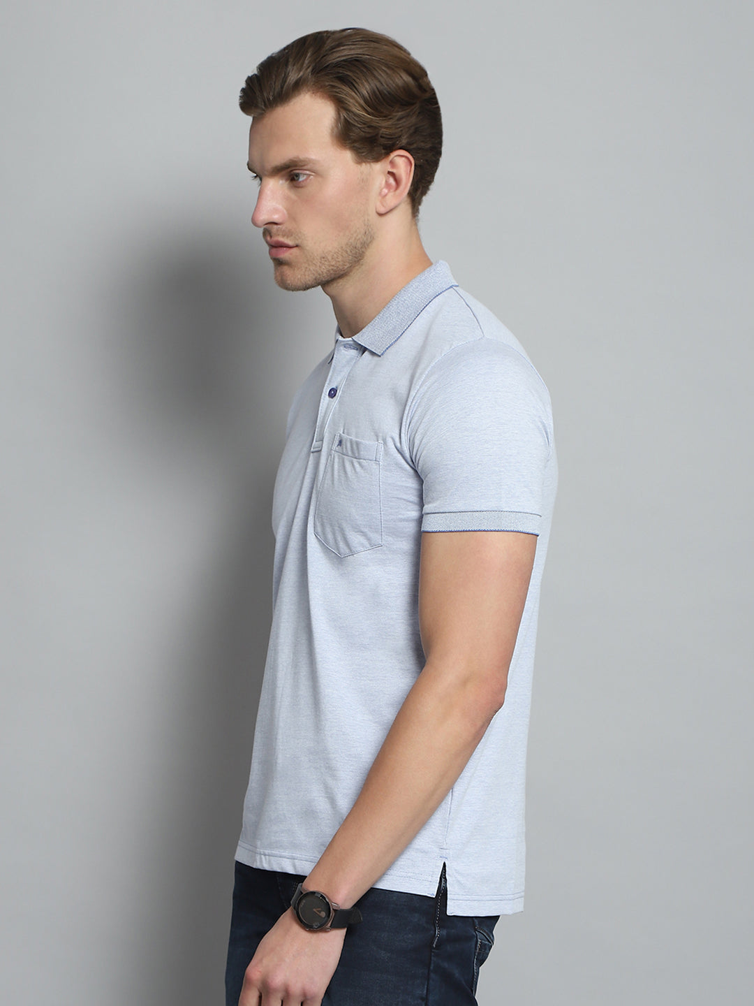 Men Blue Solid Collar Half Sleeve T-Shirt