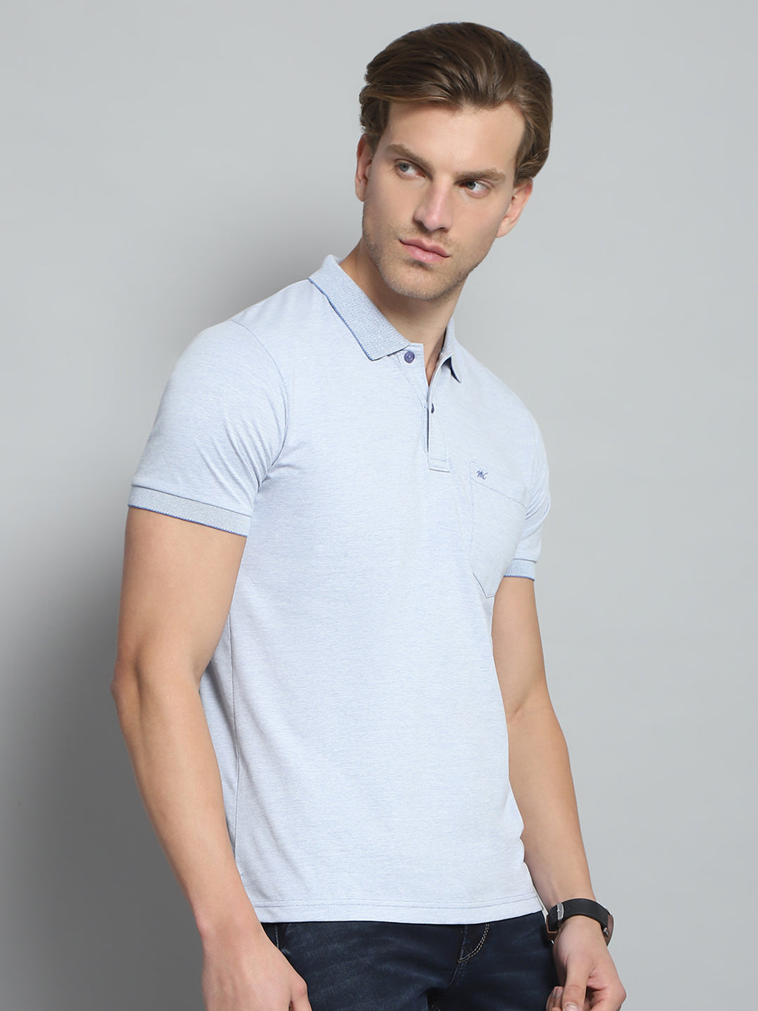 Men Blue Solid Collar Half Sleeve T-Shirt