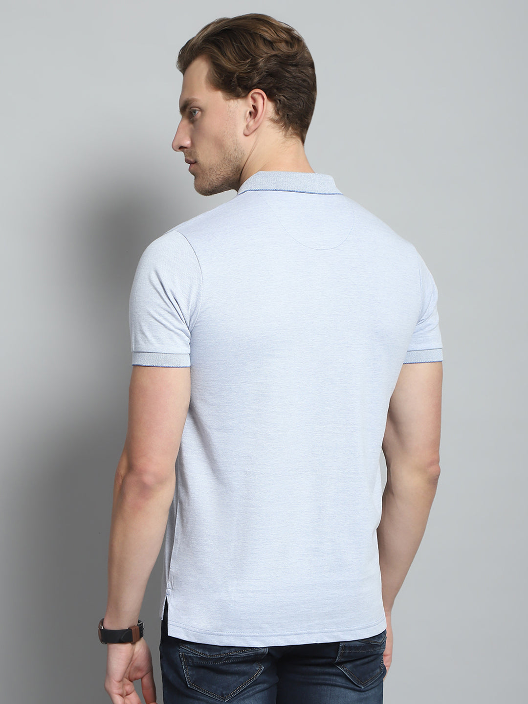 Men Blue Solid Collar Half Sleeve T-Shirt