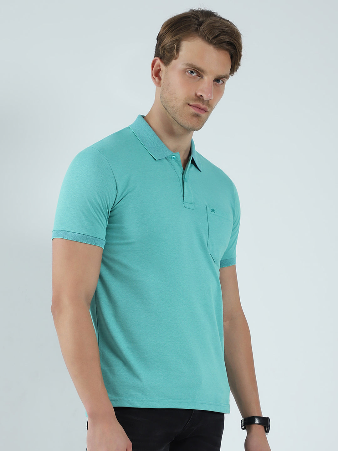Men Green Solid Collar Half Sleeve T-Shirt