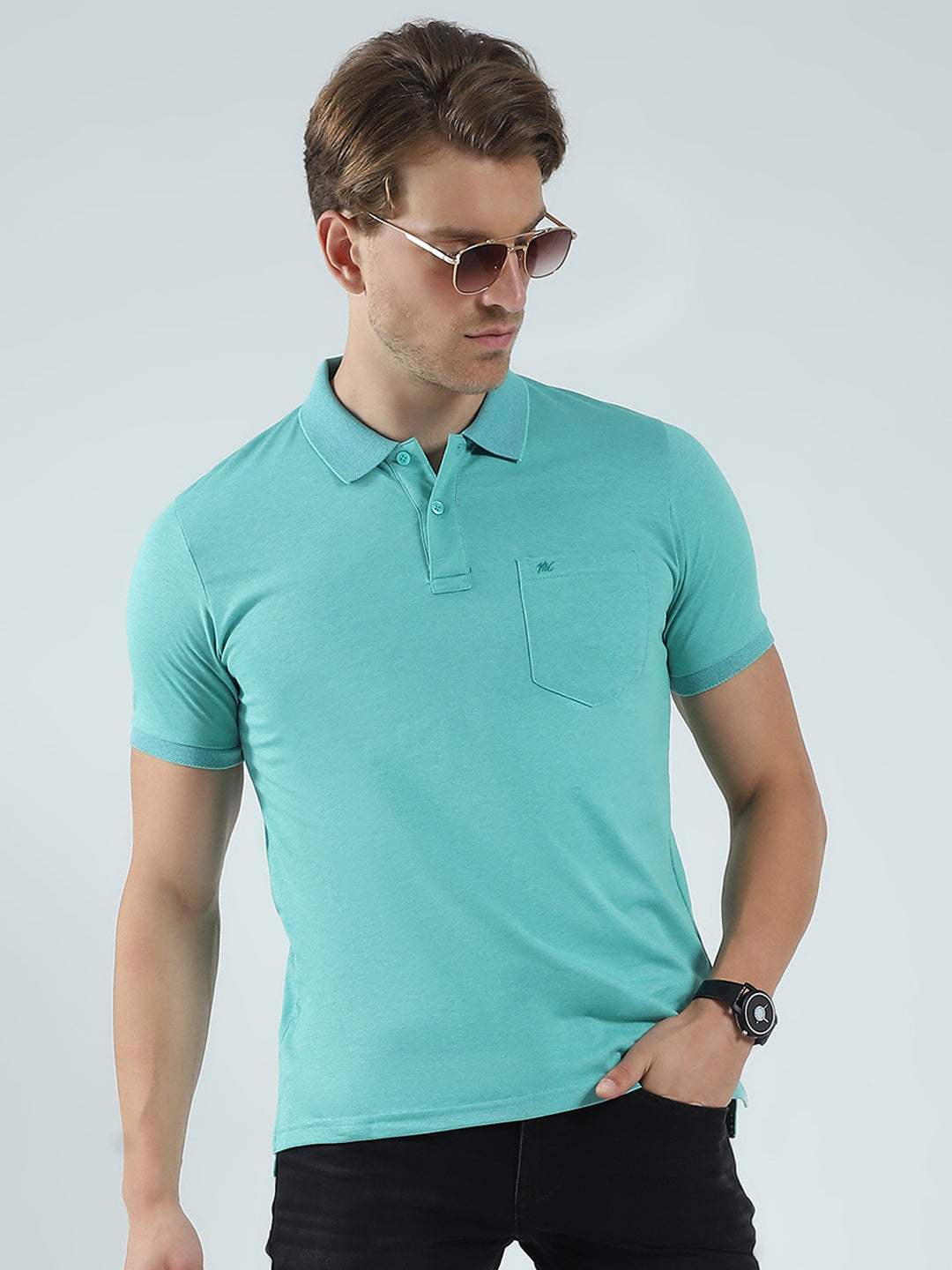 Men Green Solid Collar Half Sleeve T-Shirt