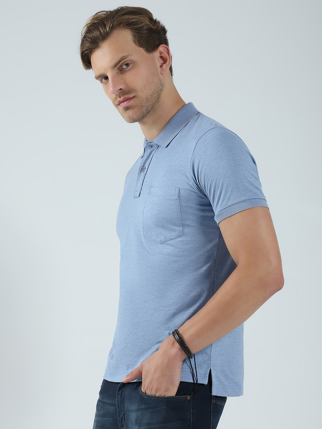 Men Blue Solid Collar Half Sleeve T-Shirt