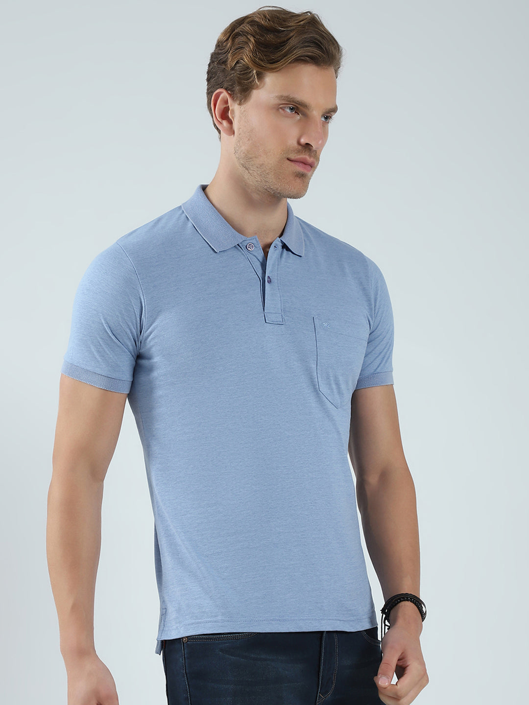 Men Blue Solid Collar Half Sleeve T-Shirt
